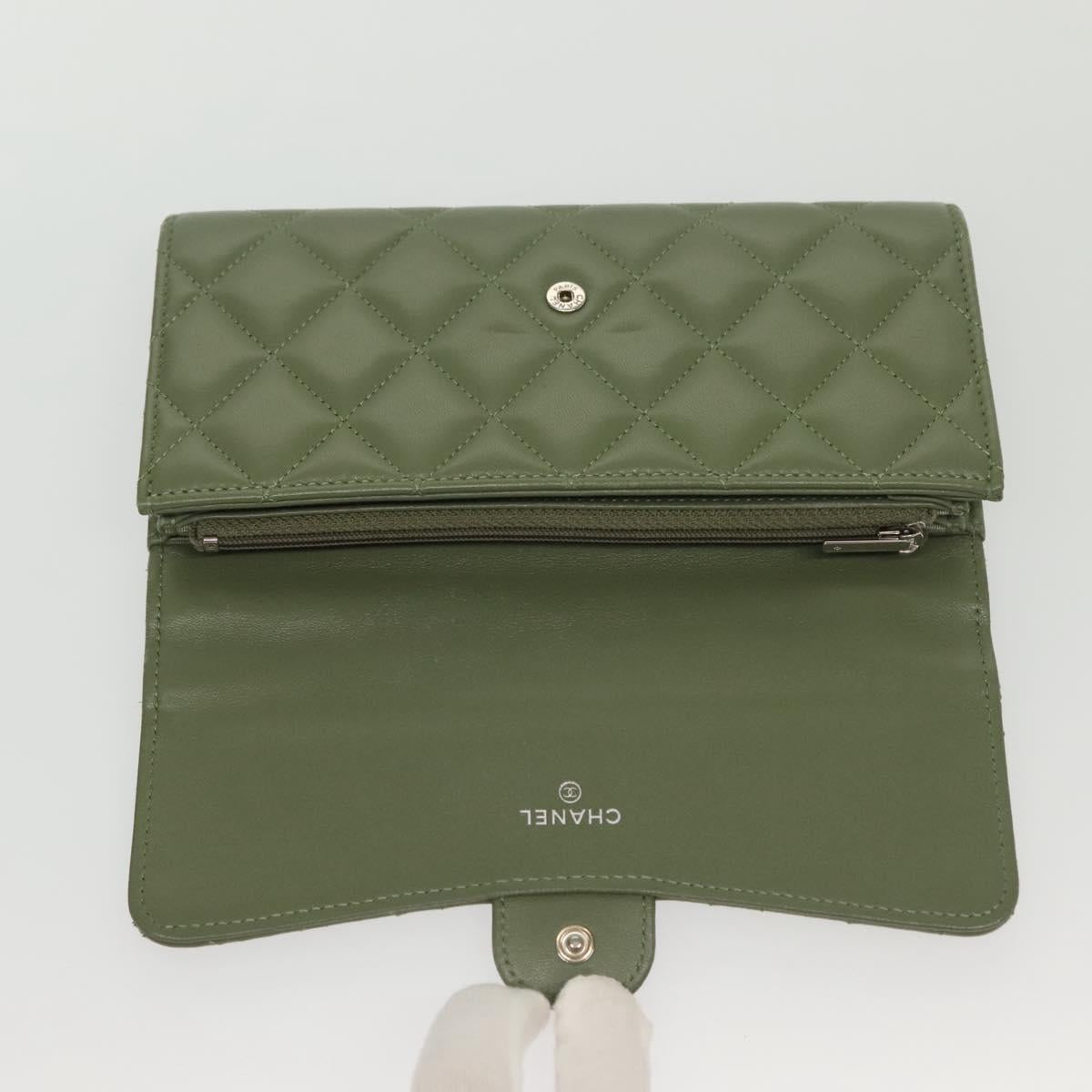 CHANEL Long Wallet Lamb Skin Green CC Auth 142370