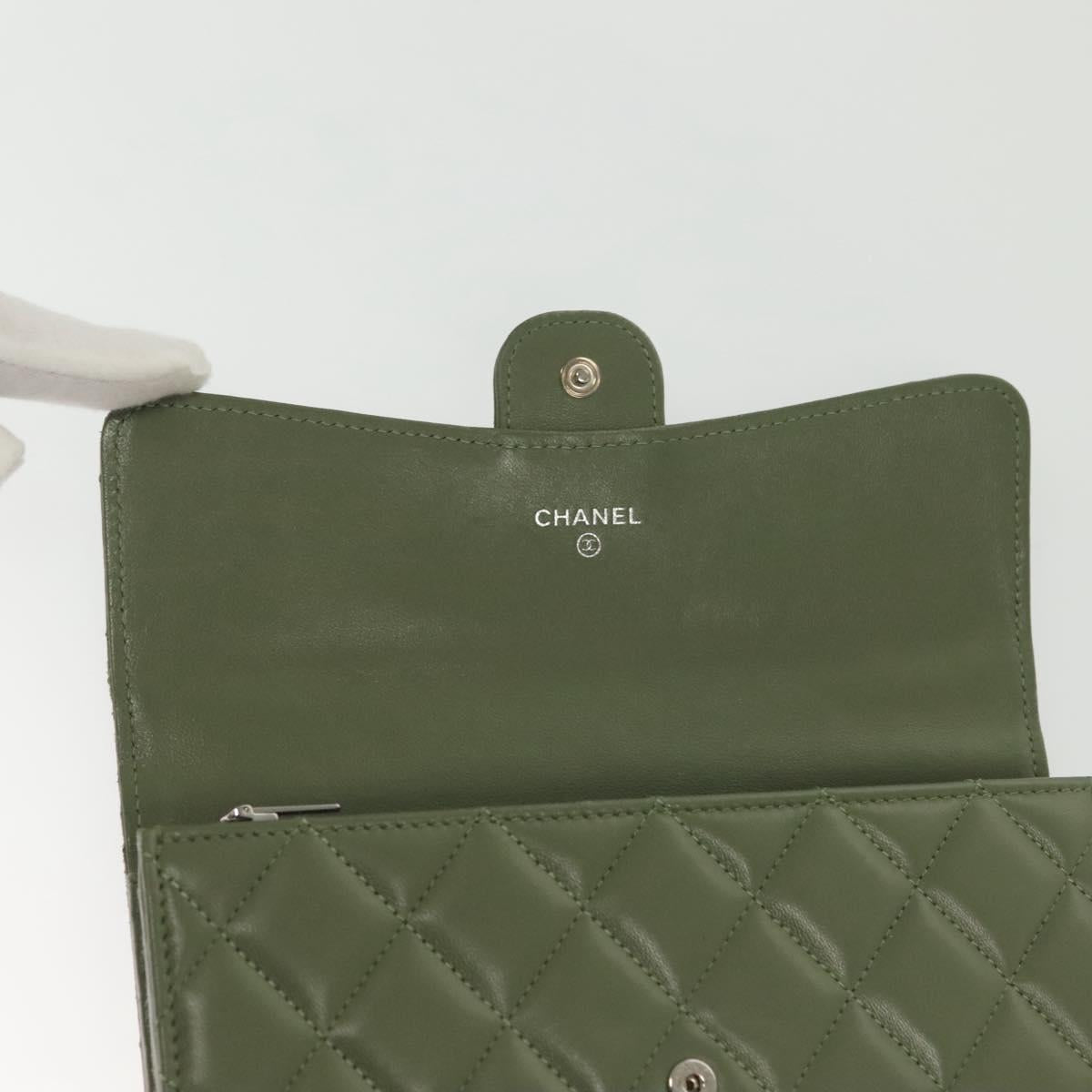 CHANEL Long Wallet Lamb Skin Green CC Auth 142370