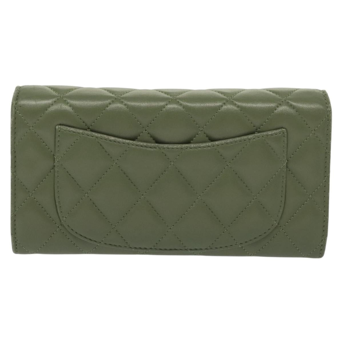 CHANEL Long Wallet Lamb Skin Green CC Auth 142370
