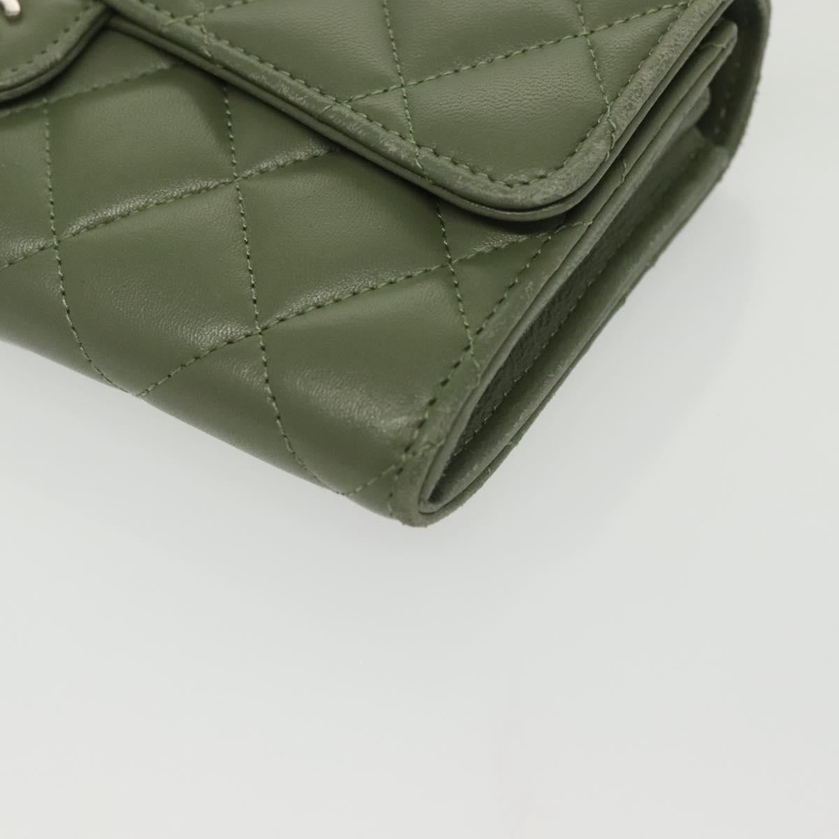 CHANEL Long Wallet Lamb Skin Green CC Auth 142370