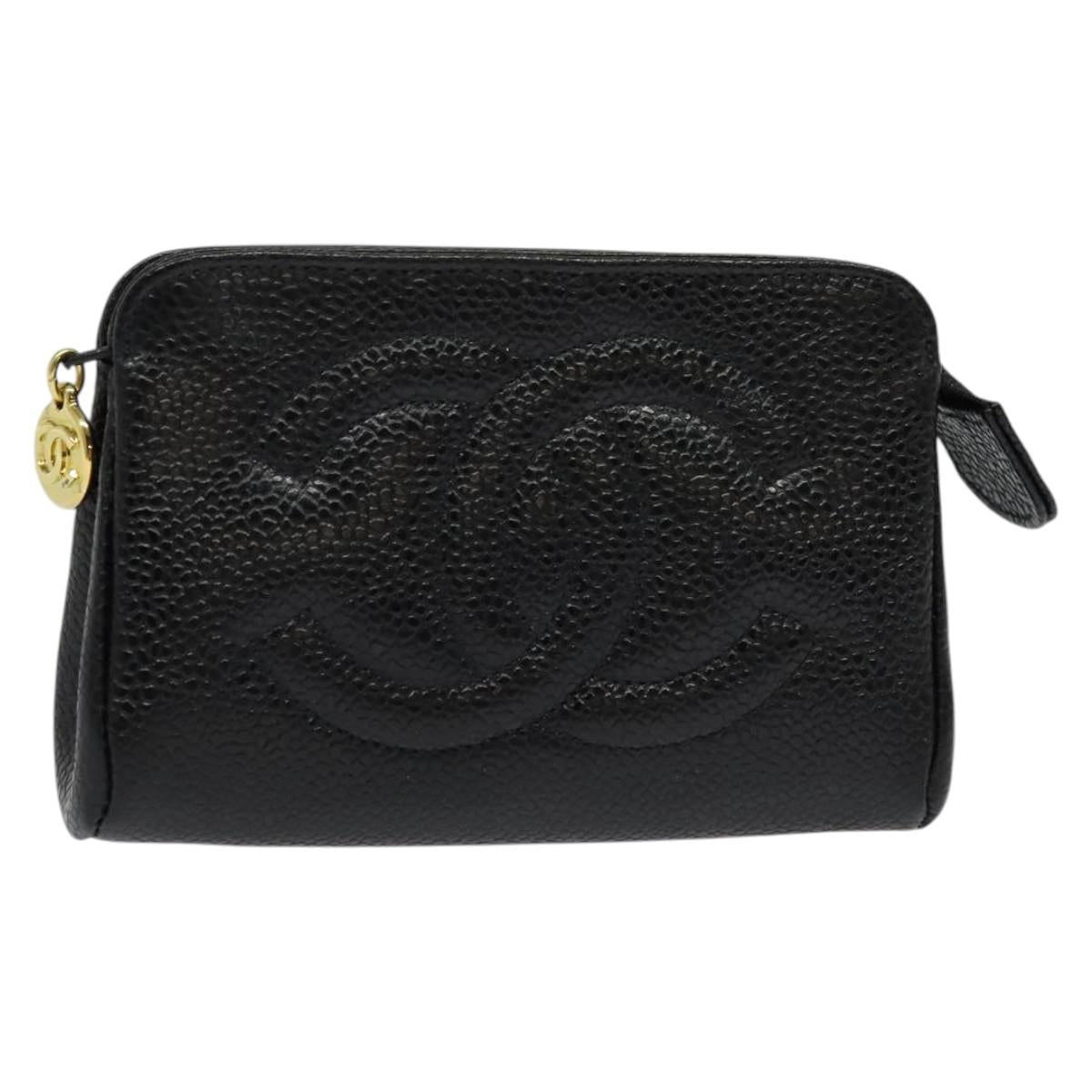CHANEL Pouch Caviar Skin Black Gold CC Auth 142376