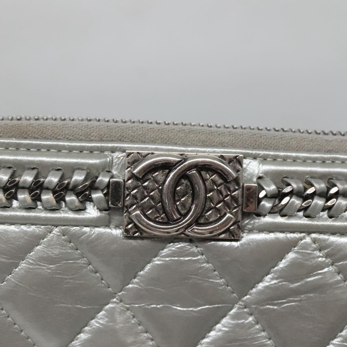 CHANEL Boy Chanel Matelasse Long Wallet Leather Silver CC Auth 142377