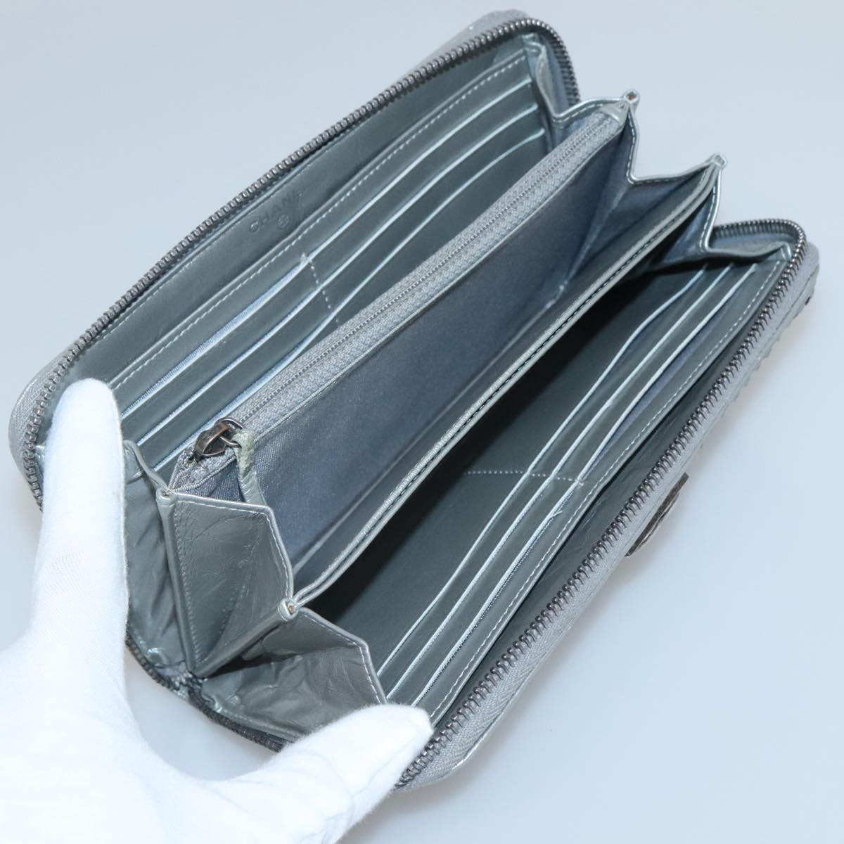CHANEL Boy Chanel Matelasse Long Wallet Leather Silver CC Auth 142377
