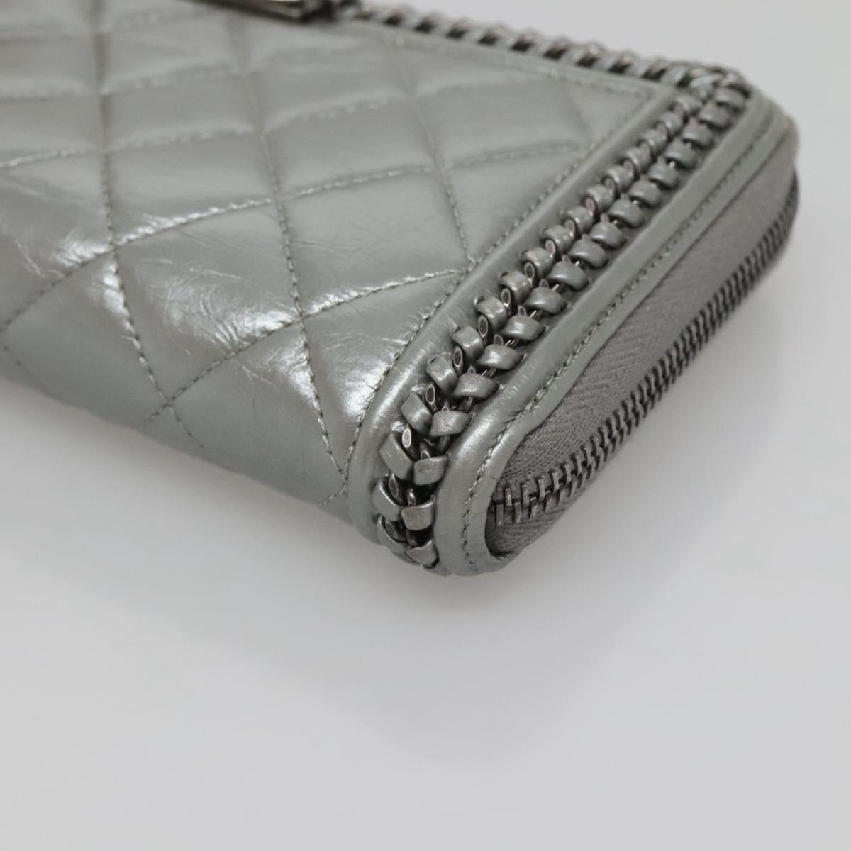 CHANEL Boy Chanel Matelasse Long Wallet Leather Silver CC Auth 142377