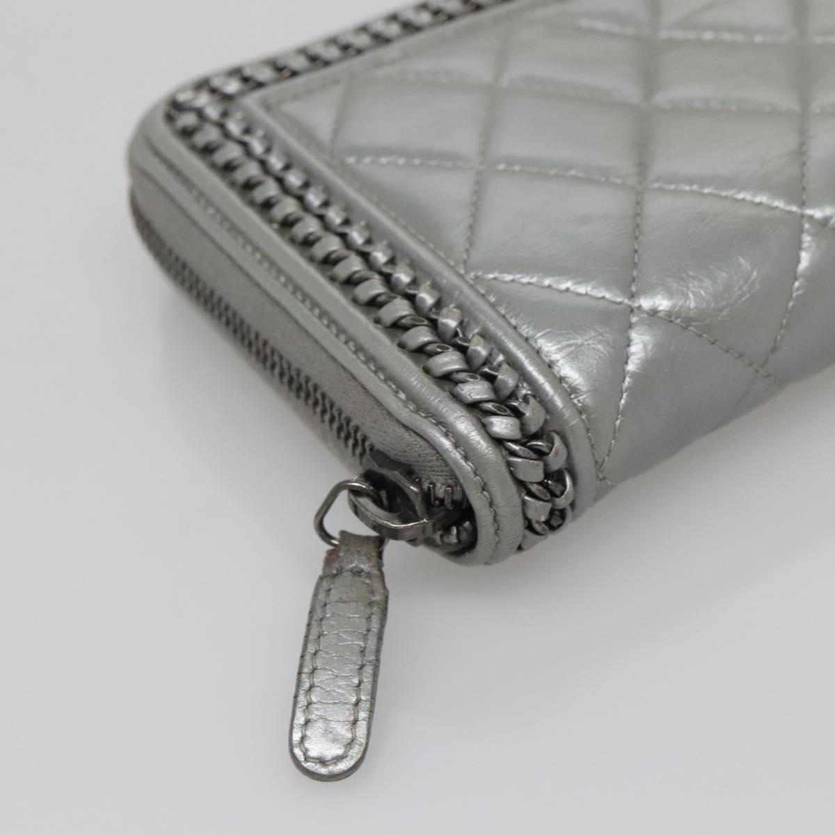 CHANEL Boy Chanel Matelasse Long Wallet Leather Silver CC Auth 142377