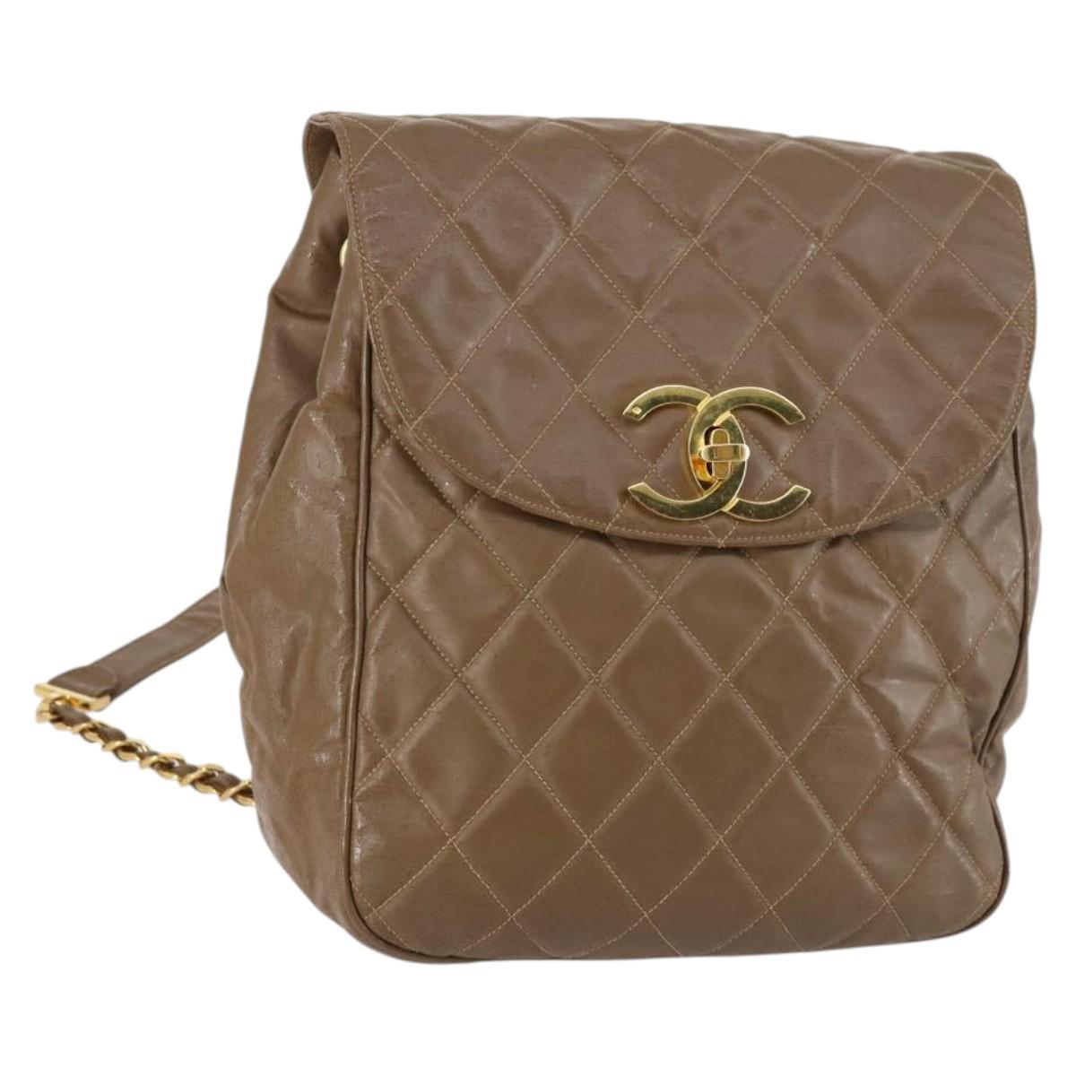 CHANEL Matelasse Backpack Coated Canvas Brown Gold CC Auth 142441