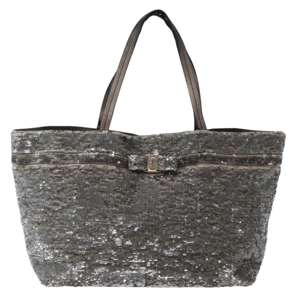 Salvatore Ferragamo Vala Tote Bag Sequin Silver Auth 142446