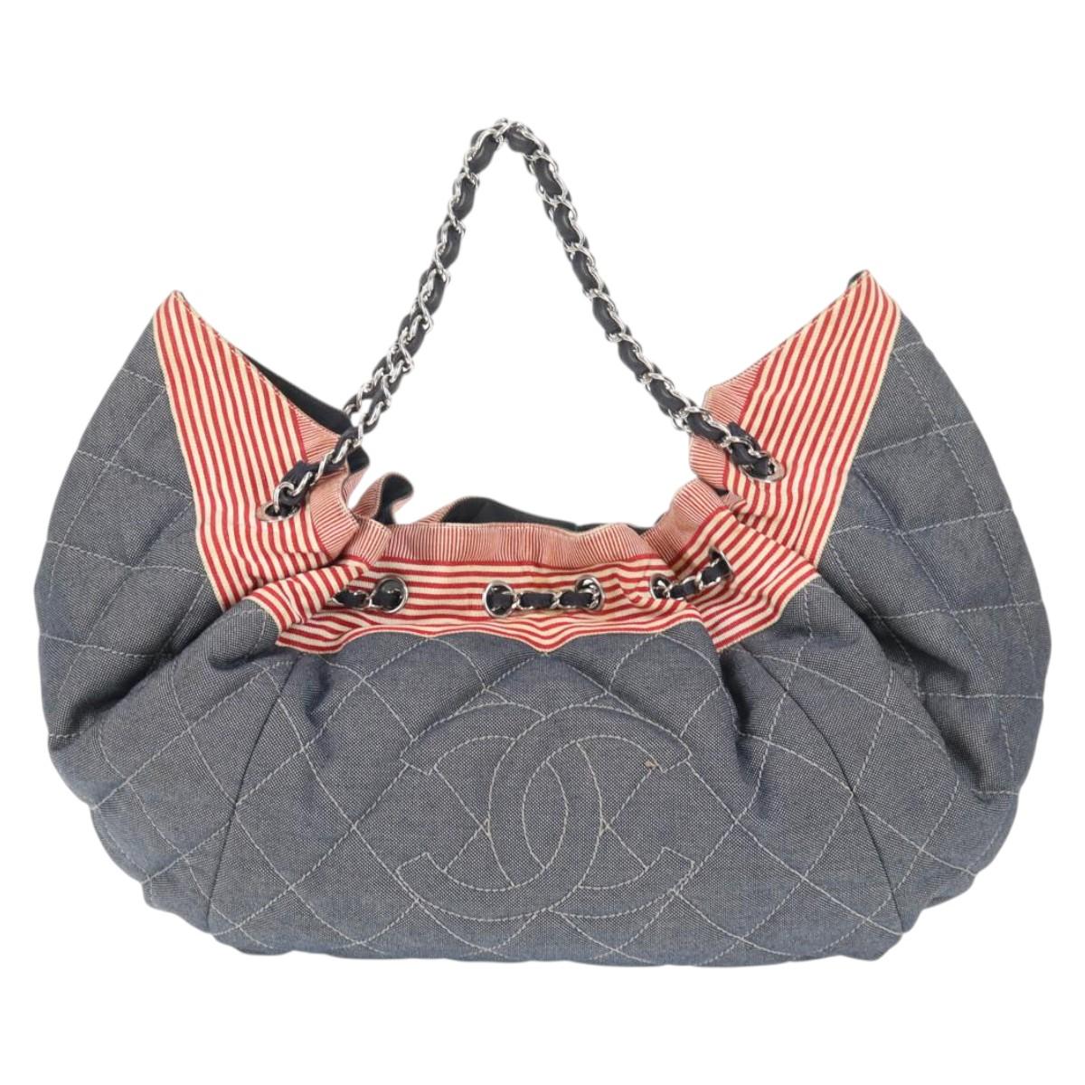 CHANEL Chain Tote Bag Denim Blue Silver CC Auth 142514V