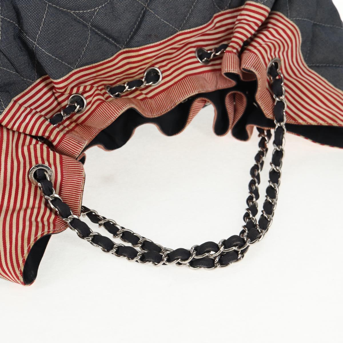 CHANEL Chain Tote Bag Denim Blue Silver CC Auth 142514V