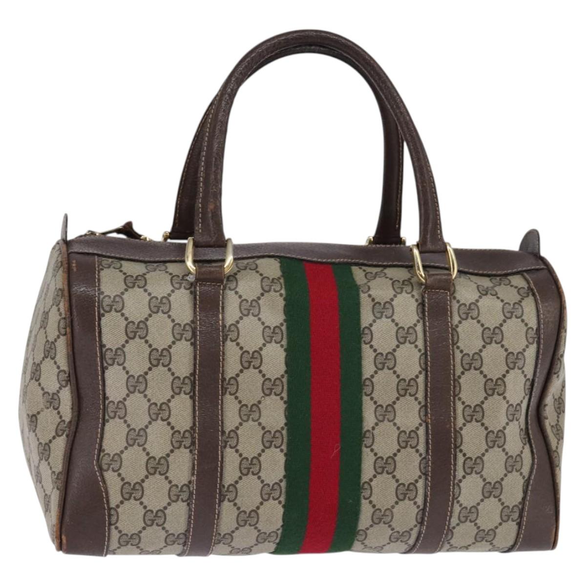 GUCCI GG Supreme Web Sherry Line Hand Bag PVC Beige Gold Red Auth 142539