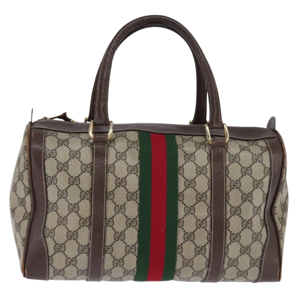 GUCCI GG Supreme Web Sherry Line Hand Bag PVC Beige Gold Red Auth 142539