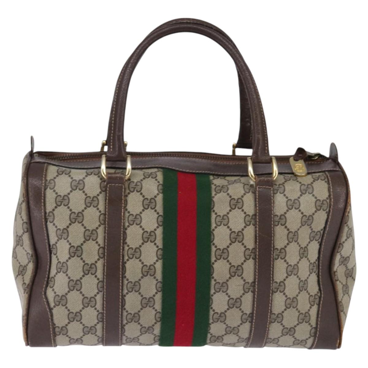 GUCCI GG Supreme Web Sherry Line Hand Bag PVC Beige Gold Red Auth 142539