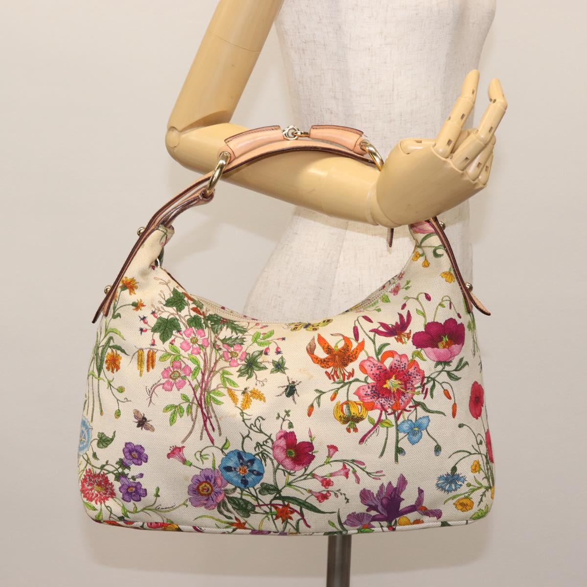 GUCCI Flower Hand Bag Canvas Beige Gold 115867 Auth 142543