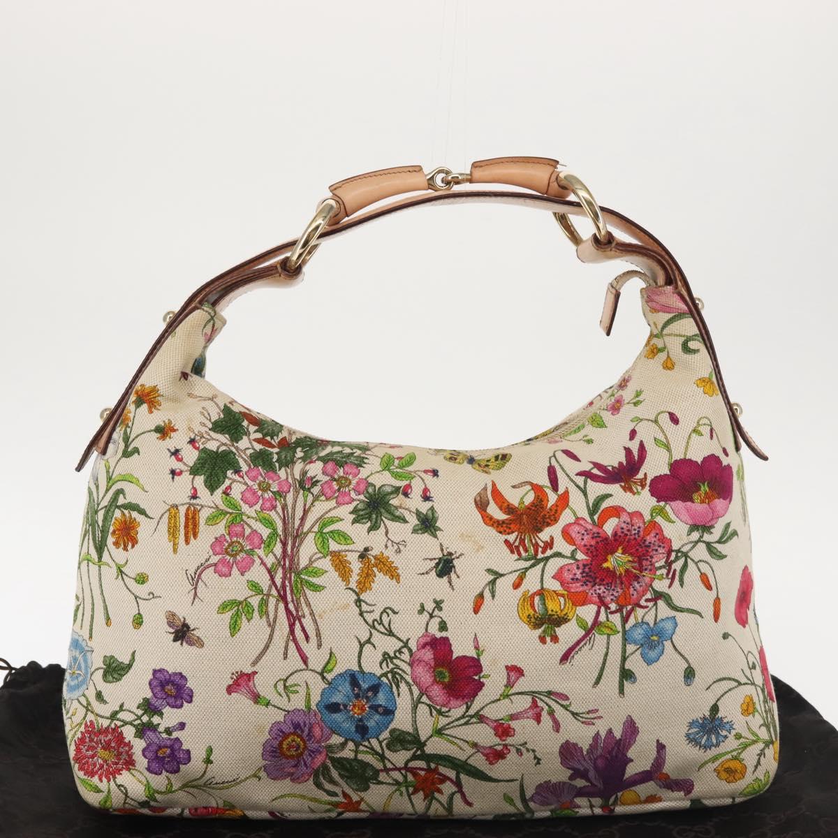 GUCCI Flower Hand Bag Canvas Beige Gold 115867 Auth 142543