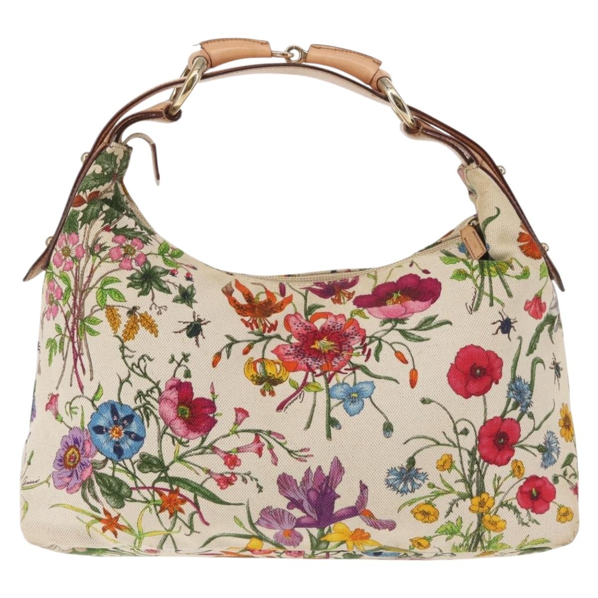 GUCCI Flower Hand Bag Canvas Beige Gold 115867 Auth 142543