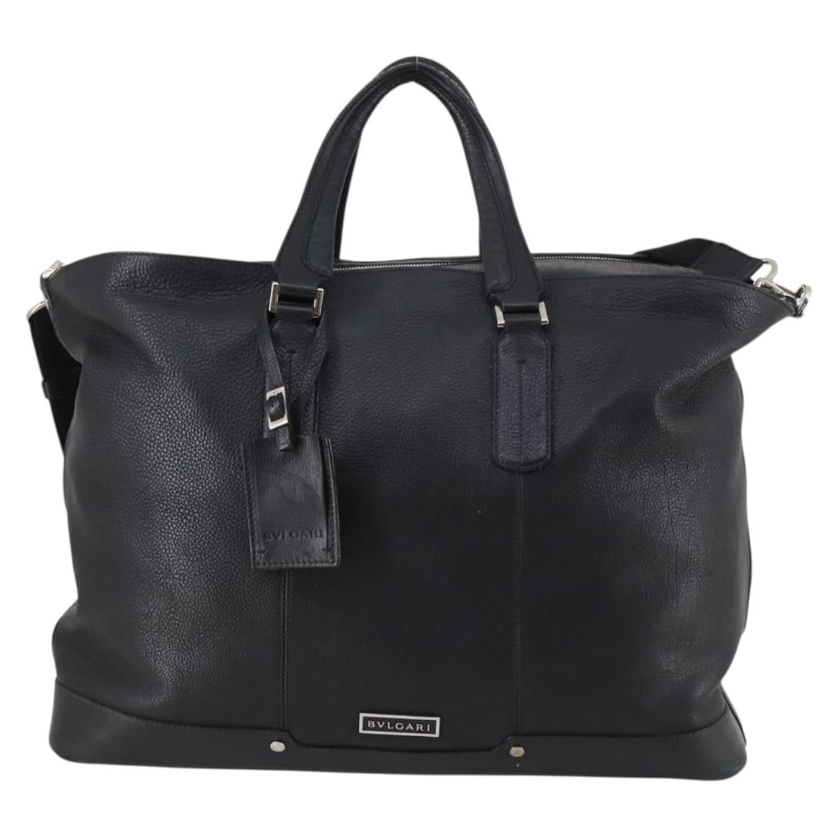 BVLGARI Boston Bag Leather 2way Black Silver Auth 142552