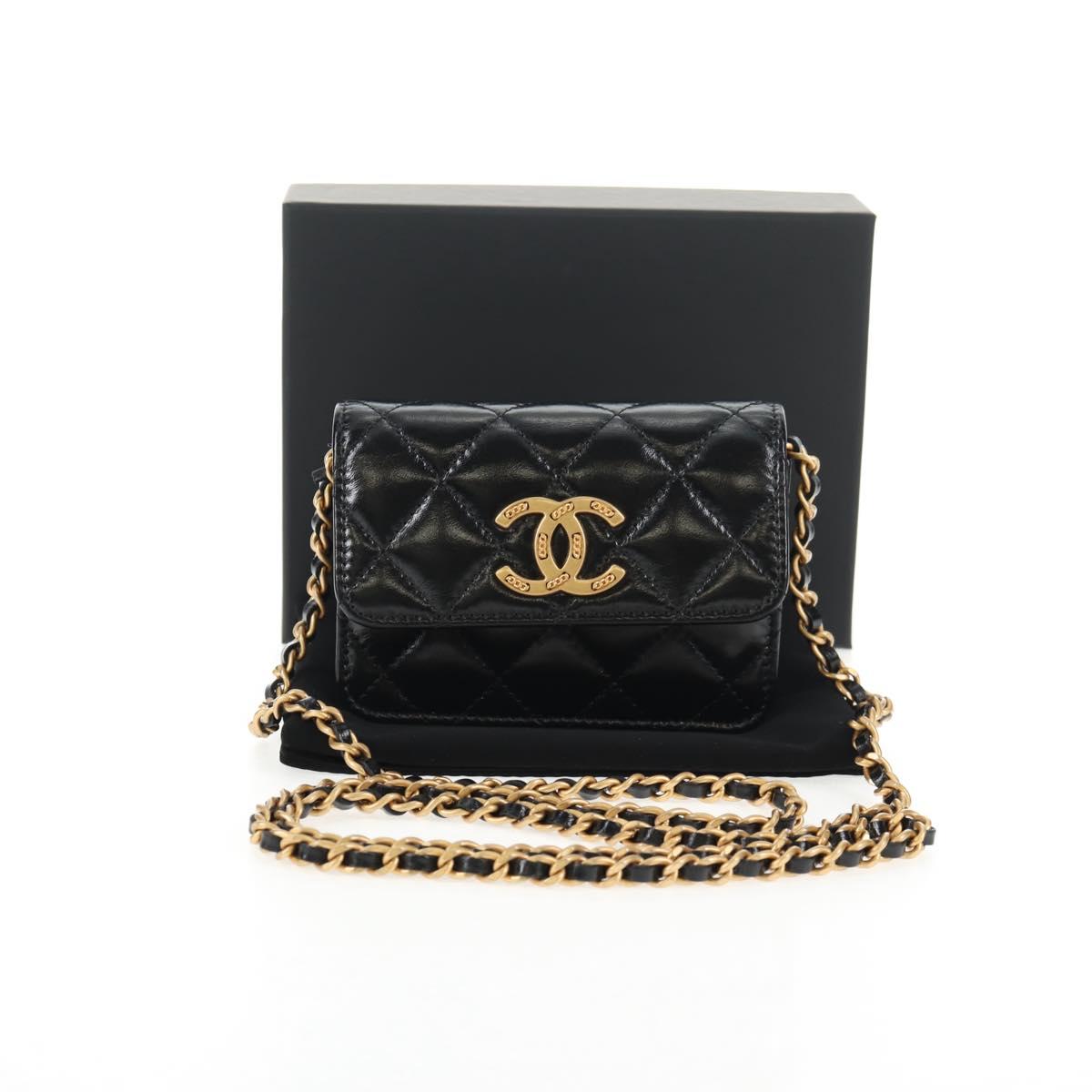 CHANEL Matelasse Chain Mini Shoulder Bag Calf Skin Black Gold CC Auth 142563SAM