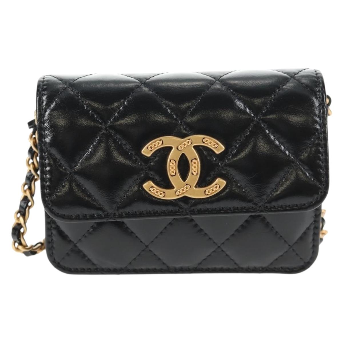 CHANEL Matelasse Chain Mini Shoulder Bag Calf Skin Black Gold CC Auth 142563M