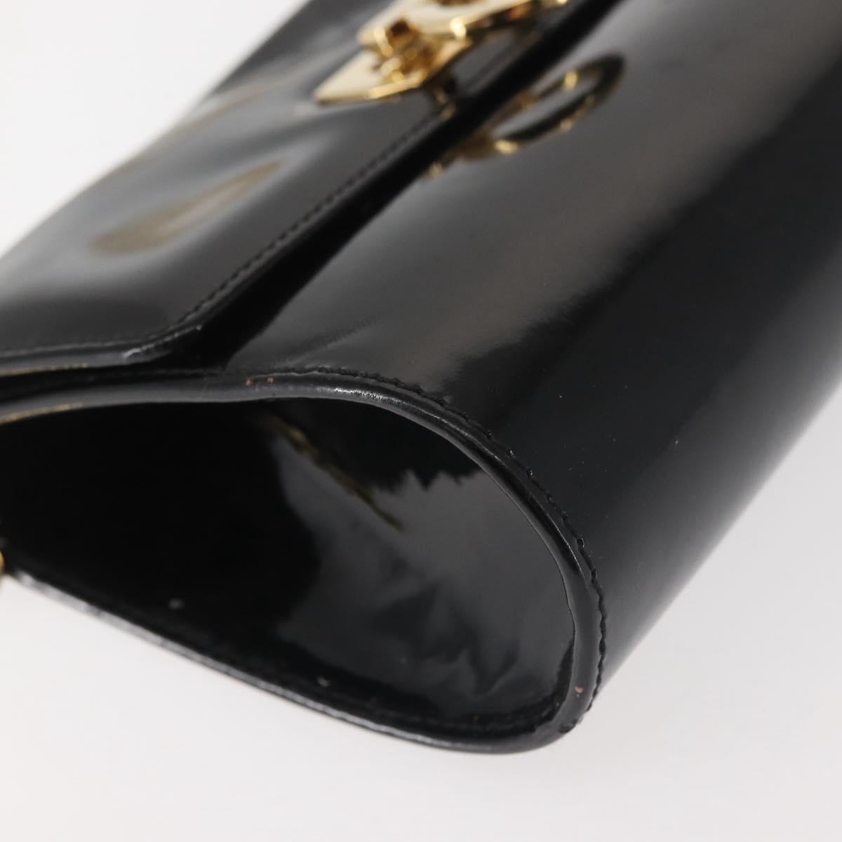 Salvatore Ferragamo Chain Gancini Shoulder Bag Enamel Black Gold Auth 142666