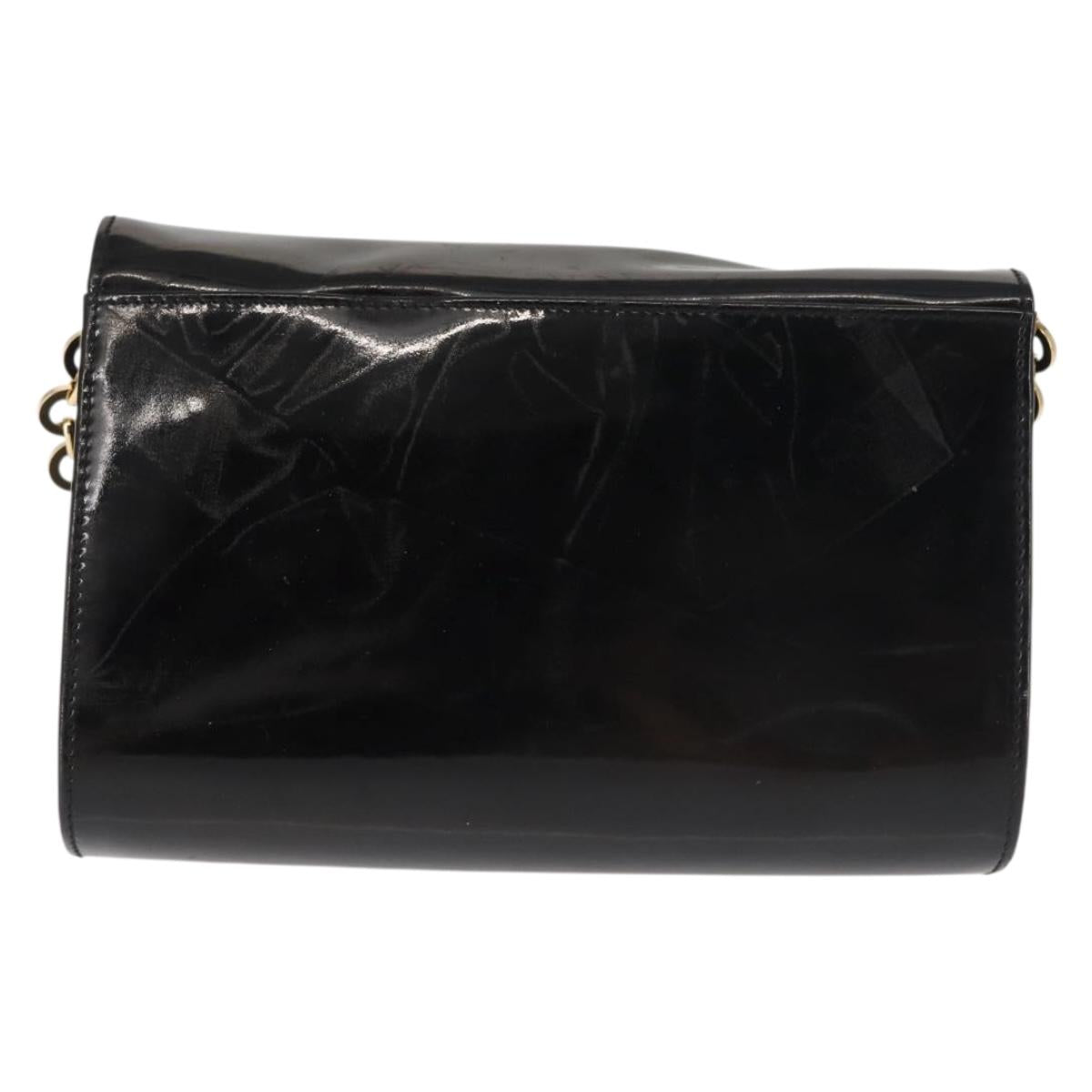 Salvatore Ferragamo Chain Gancini Shoulder Bag Enamel Black Gold Auth 142666