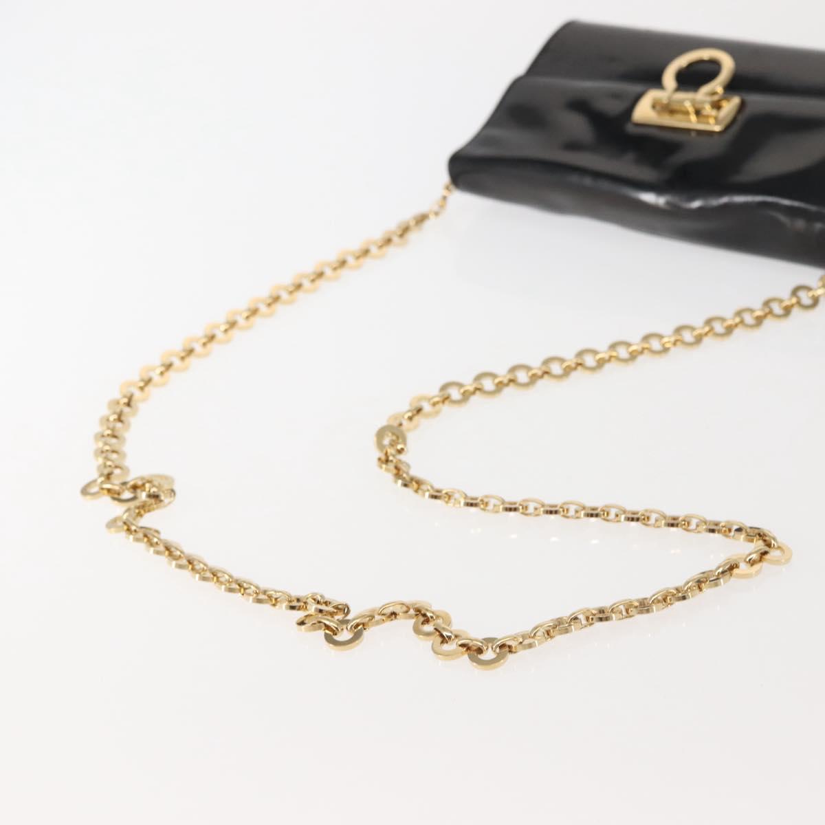 Salvatore Ferragamo Chain Gancini Shoulder Bag Enamel Black Gold Auth 142666