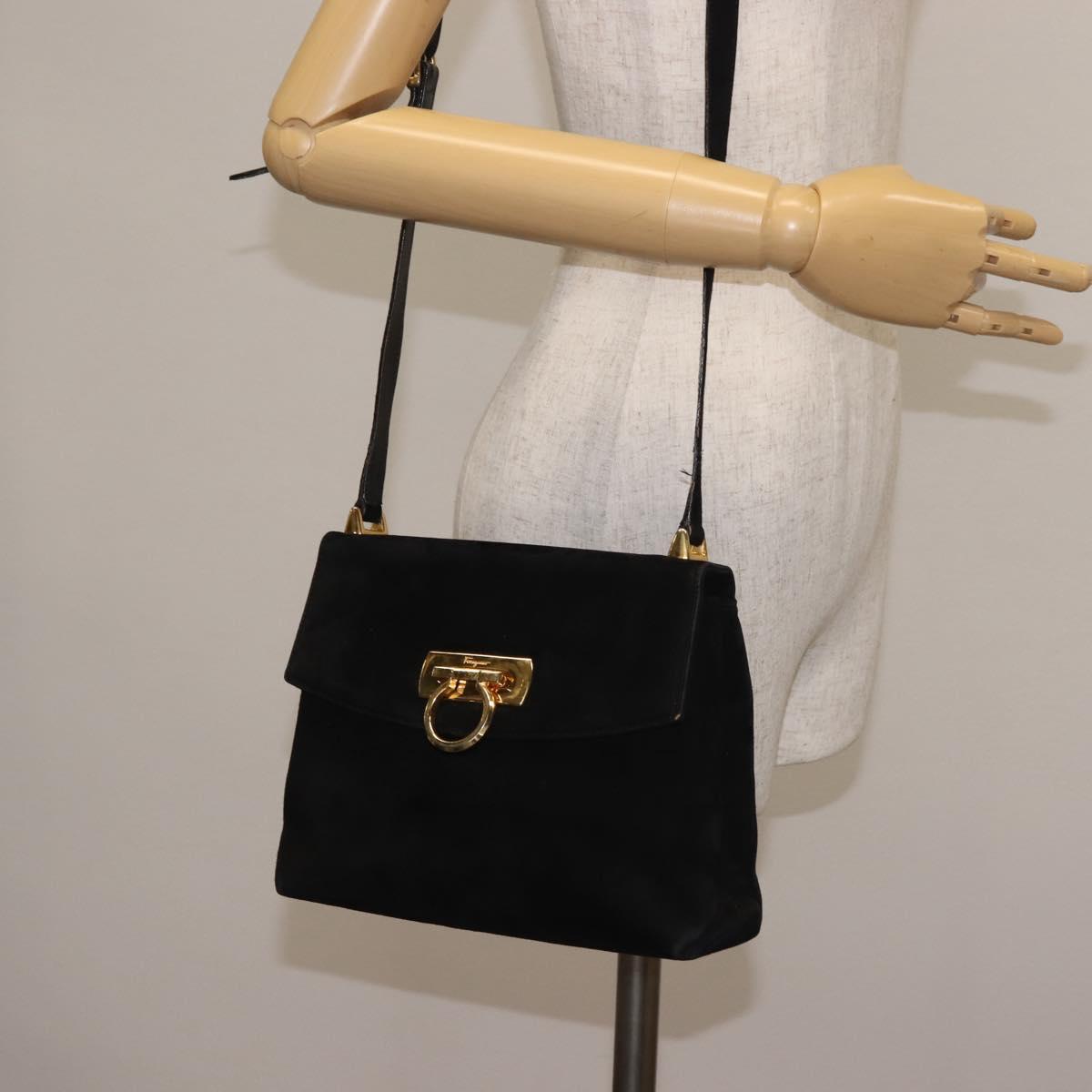 Salvatore Ferragamo Gancini Shoulder Bag Suede Black Gold Auth 142668