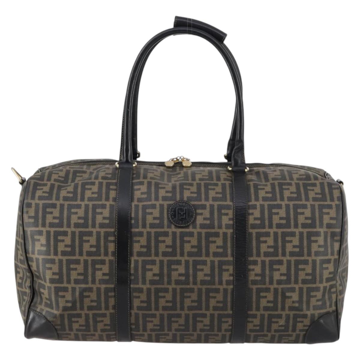 FENDI Zucca Canvas Boston Bag PVC Black Brown gold Auth 142675