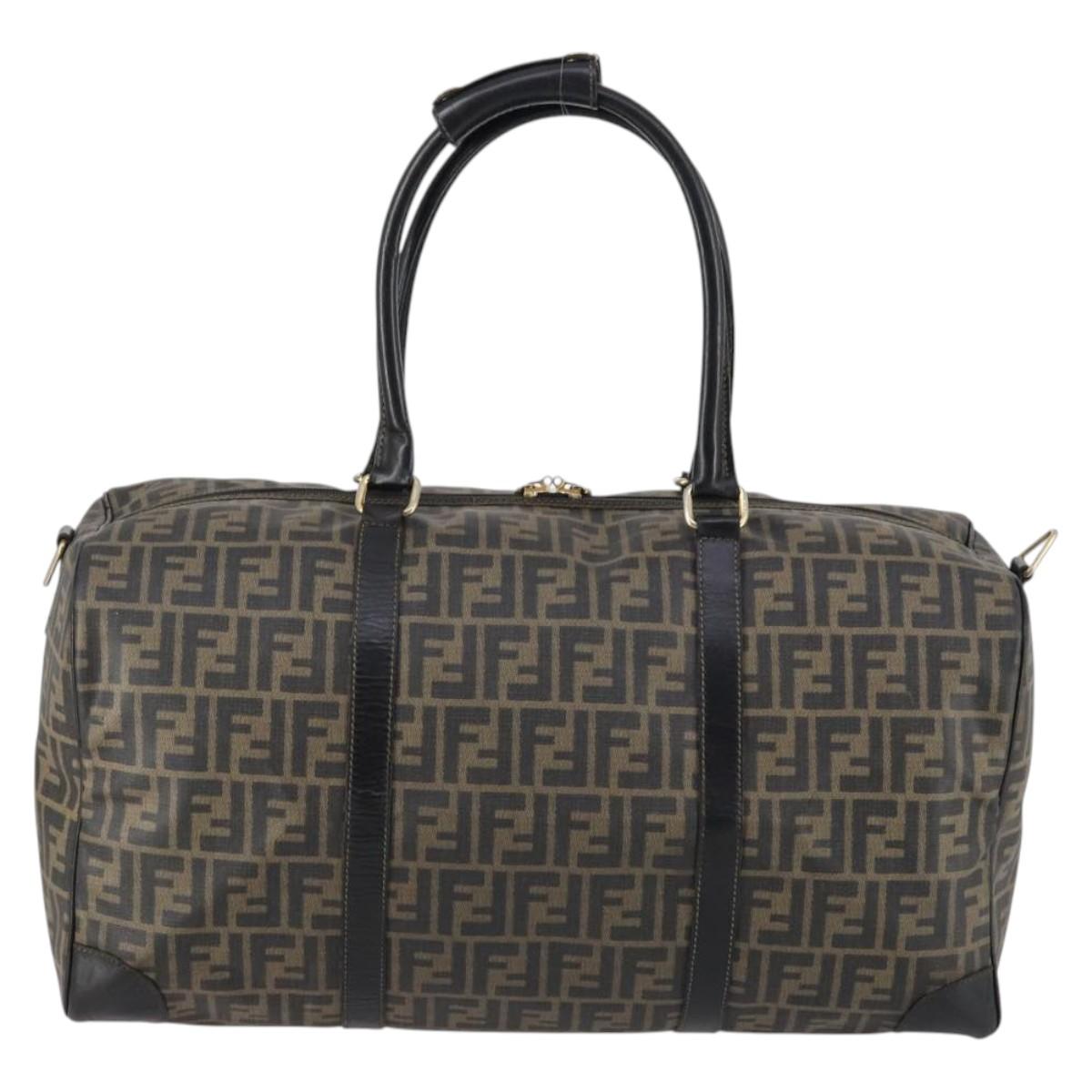 FENDI Zucca Canvas Boston Bag PVC Black Brown gold Auth 142675