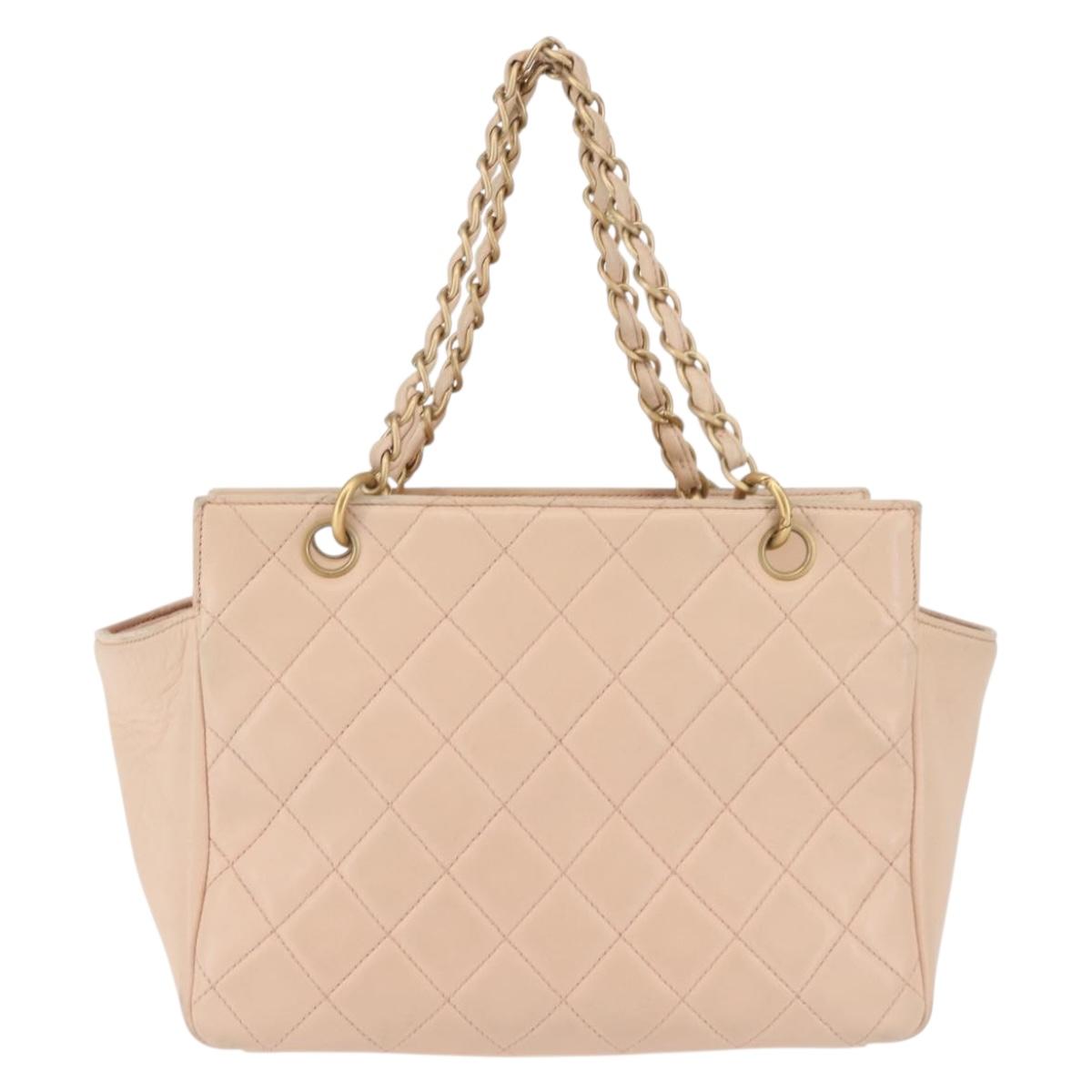CHANEL Matelasse COCO Mark Chain Hand Bag Lamb Skin Beige CC Auth 142686