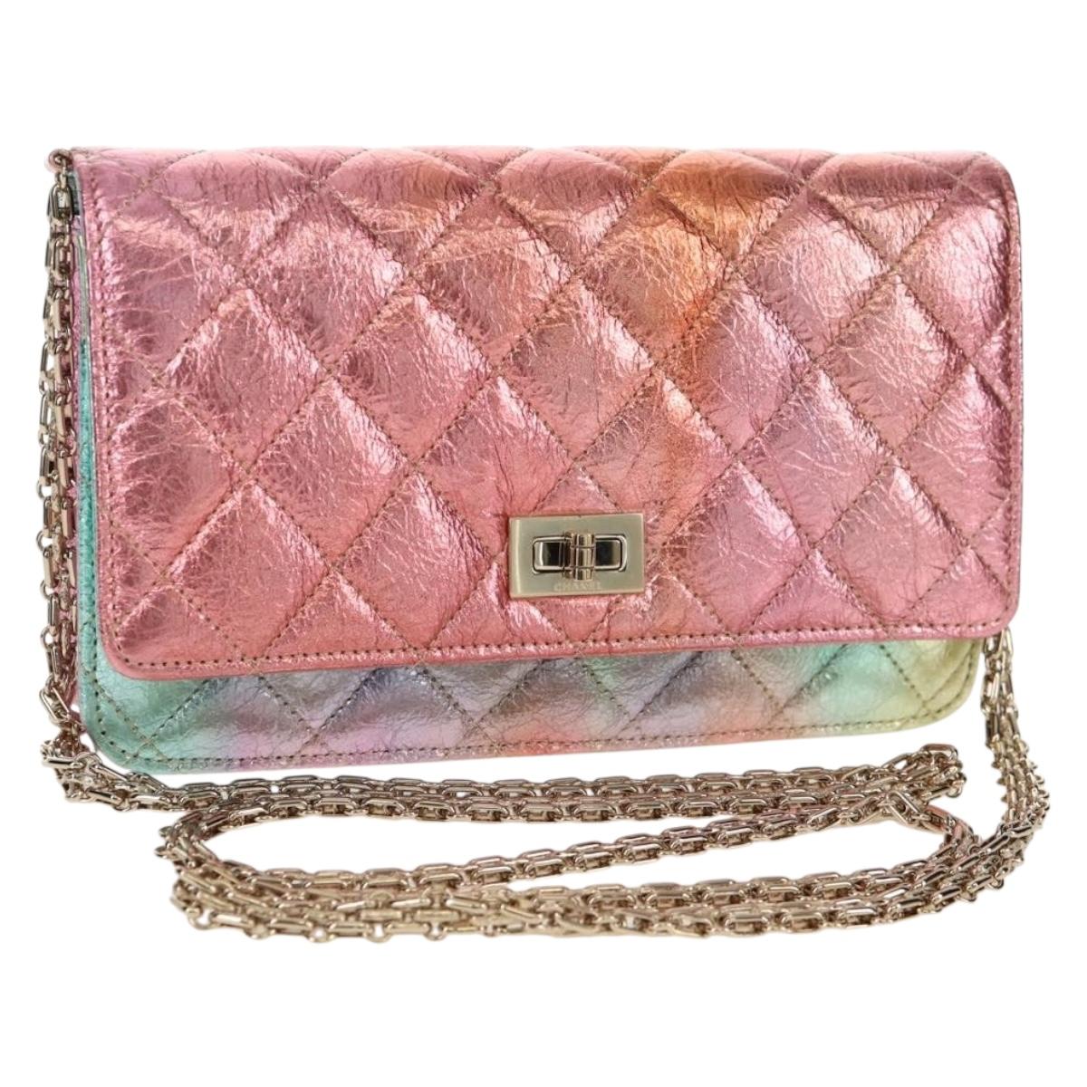 CHANEL Chain Matelasse 2.55 Shoulder Bag Leather Multicolor Gold CC Auth 142691SM