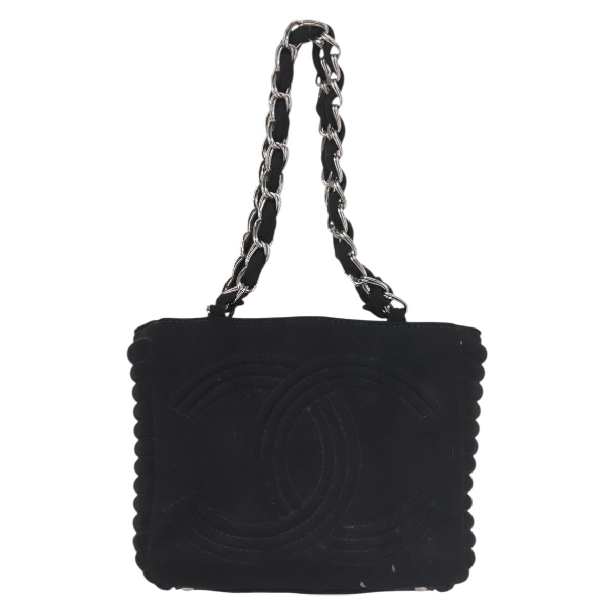 CHANEL Chain Shoulder Bag cotton Black Silver CC Auth 142754