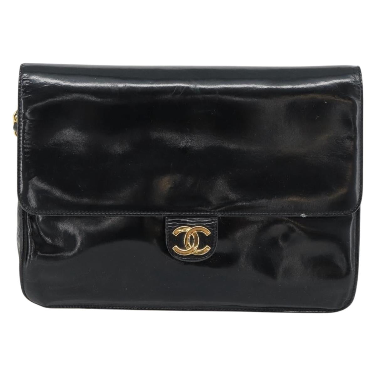 CHANEL Chain Shoulder Bag Patent leather Black Gold CC Auth 142755