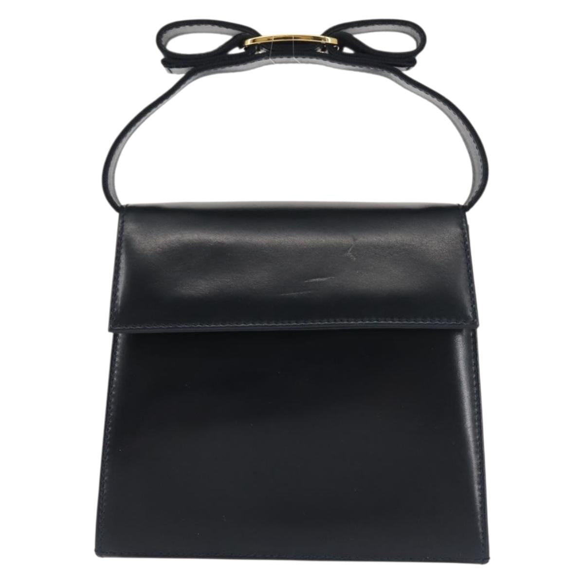 Salvatore Ferragamo Vala Hand Bag Leather Navy Gold Auth 142756