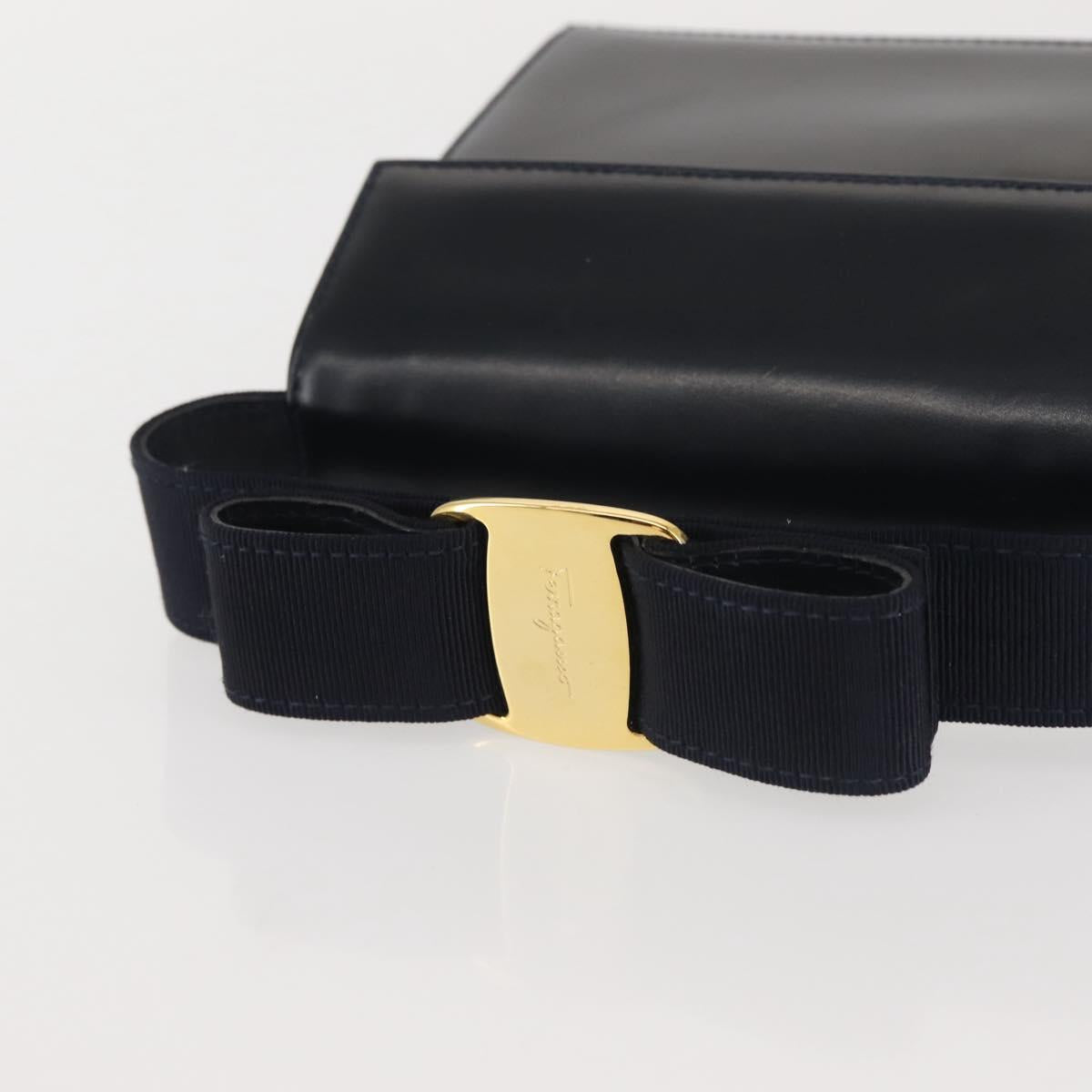 Salvatore Ferragamo Vala Hand Bag Leather Navy Gold Auth 142756
