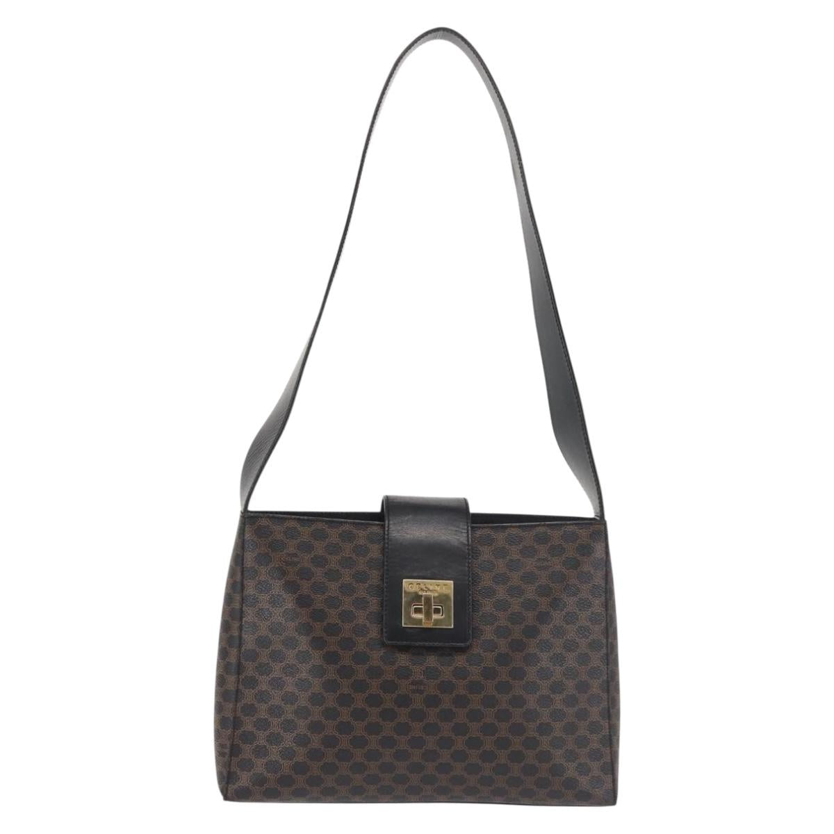 CELINE Macadam Canvas Shoulder Bag PVC Leather Black Gold Auth 142805