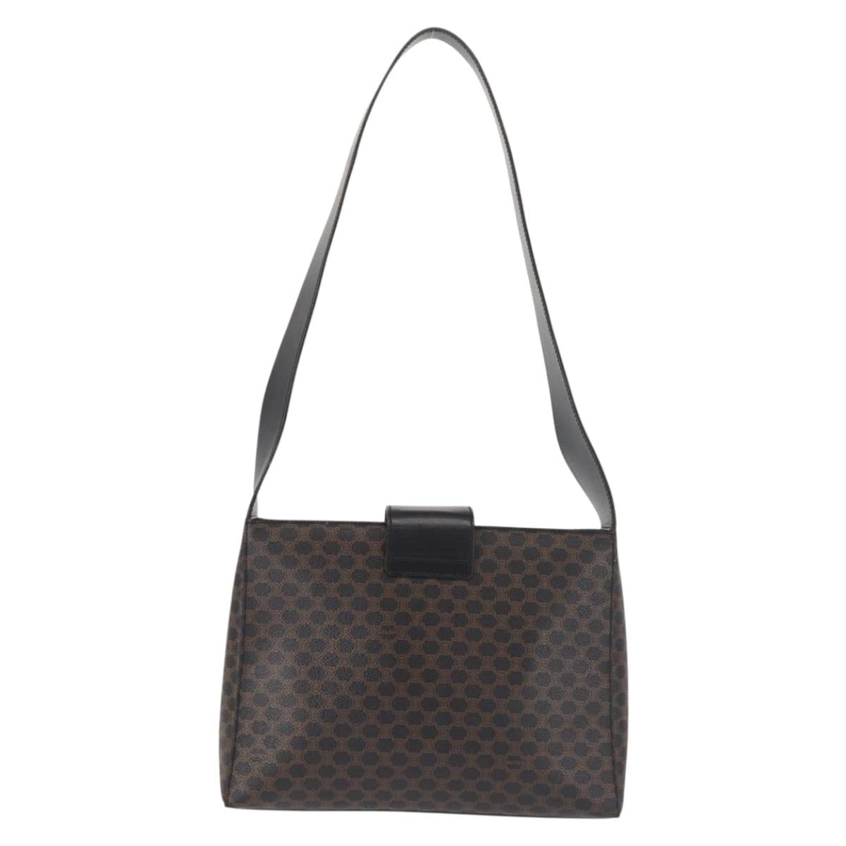 CELINE Macadam Canvas Shoulder Bag PVC Leather Black Gold Auth 142805