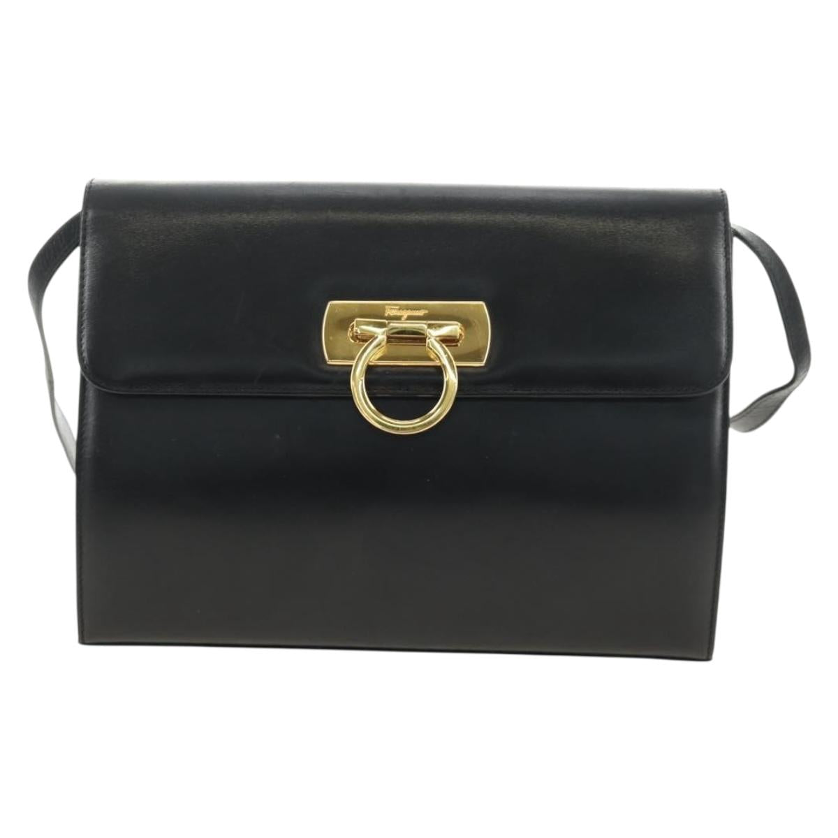 Salvatore Ferragamo Gancini Shoulder Bag Leather Black Gold Auth 142822