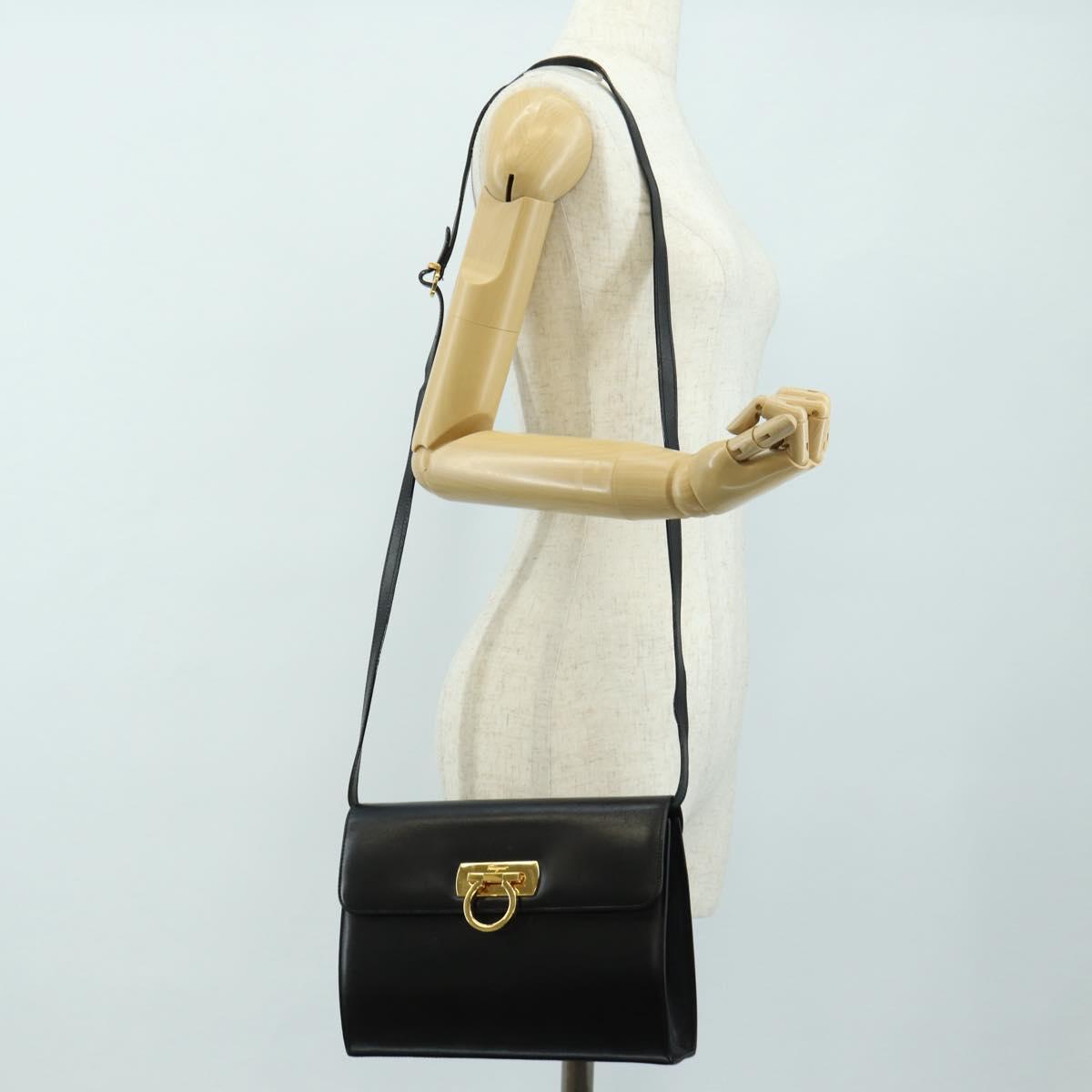 Salvatore Ferragamo Gancini Shoulder Bag Leather Black Gold Auth 142822