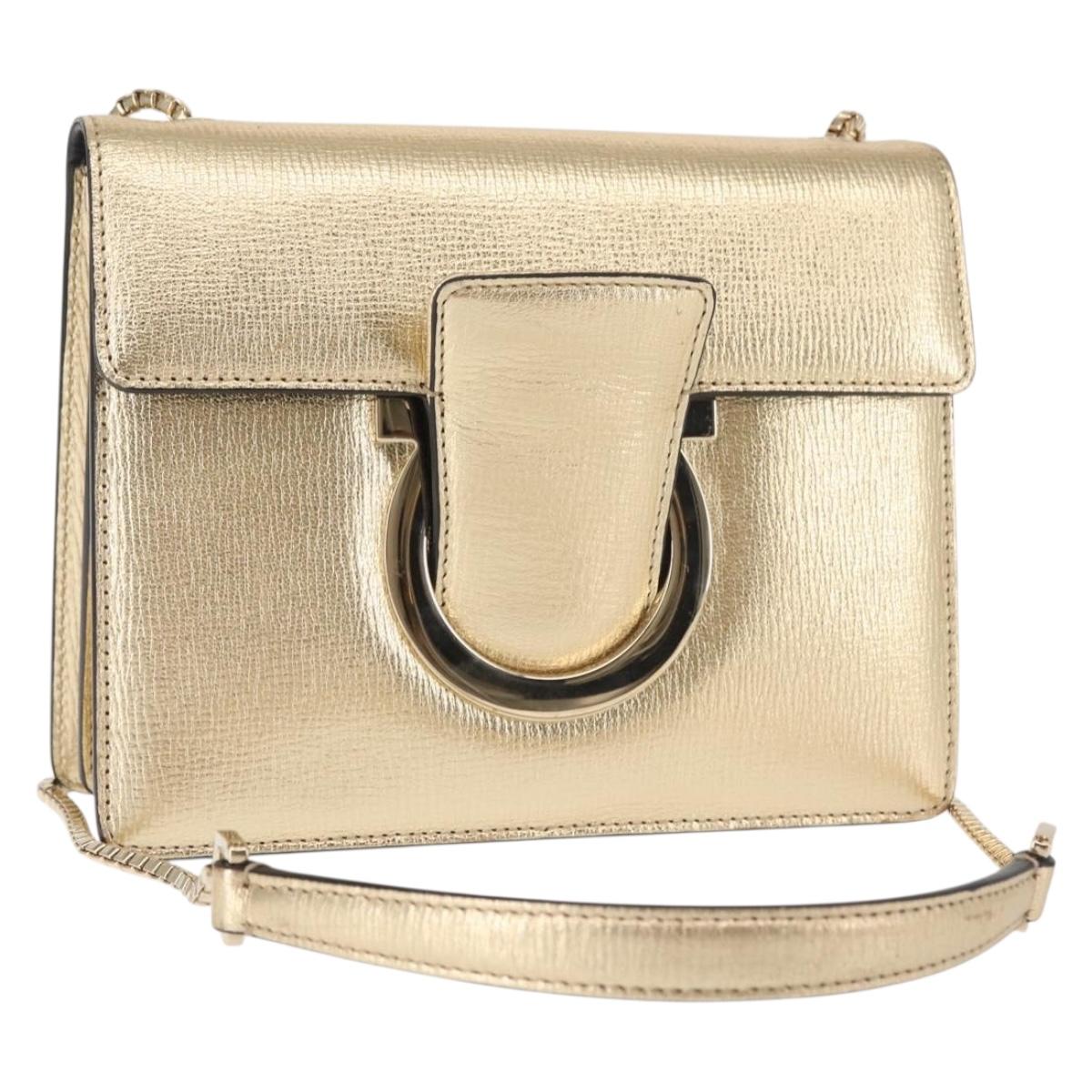 Salvatore Ferragamo Gancini Chain Shoulder Bag Leather Gold Auth 142823