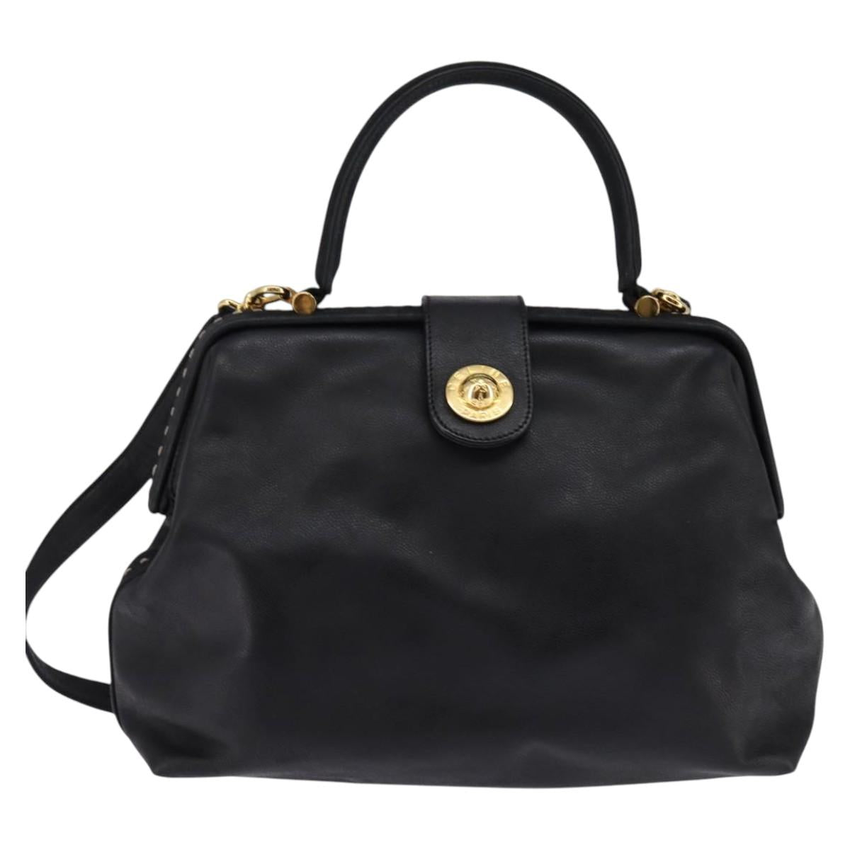 CELINE Hand Bag Leather 2way Black Gold Auth 142840