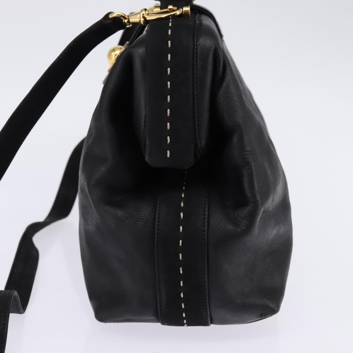 CELINE Hand Bag Leather 2way Black Gold Auth 142840