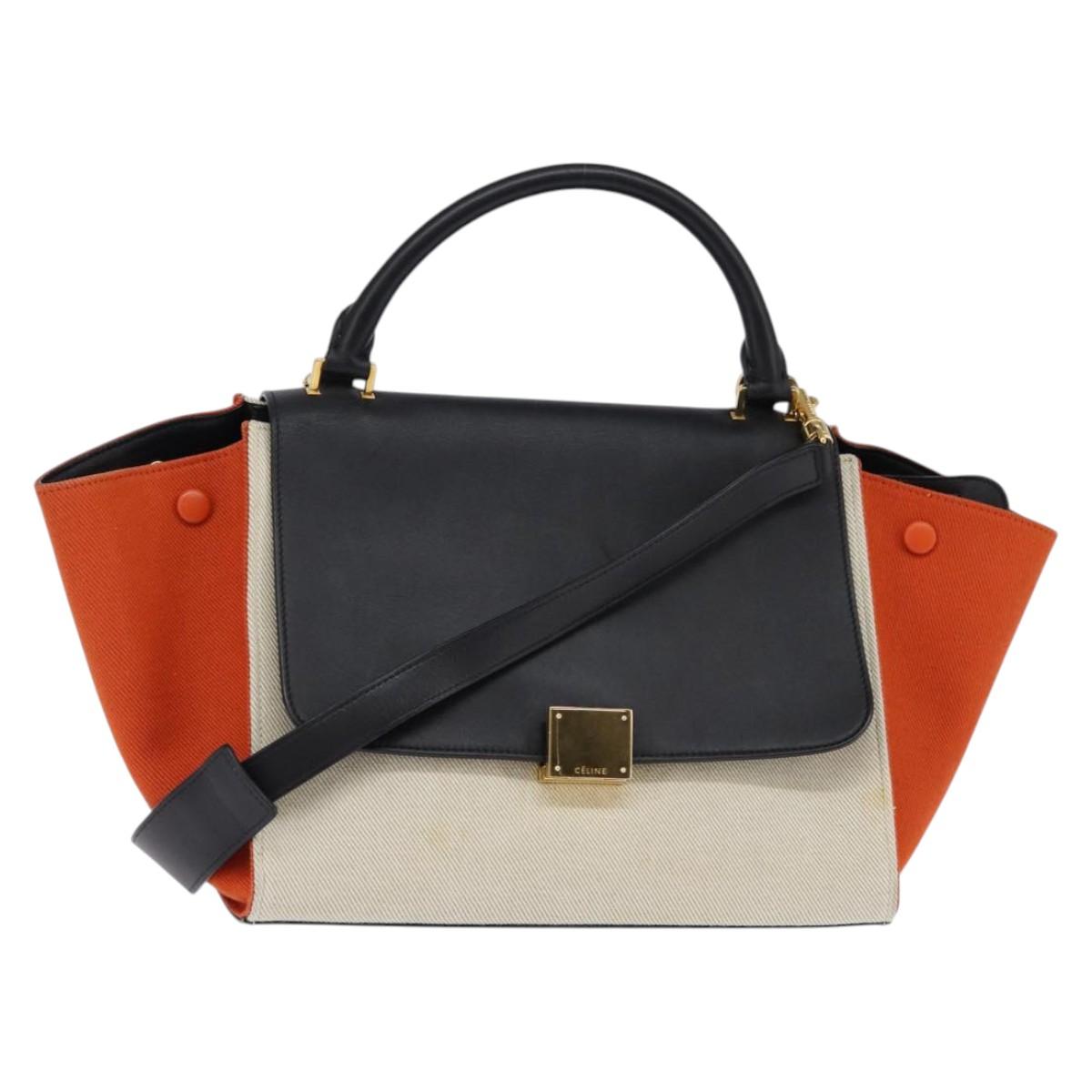 CELINE Trapeze Hand Bag Leather Canvas 2way Beige Black Orange Auth 142841