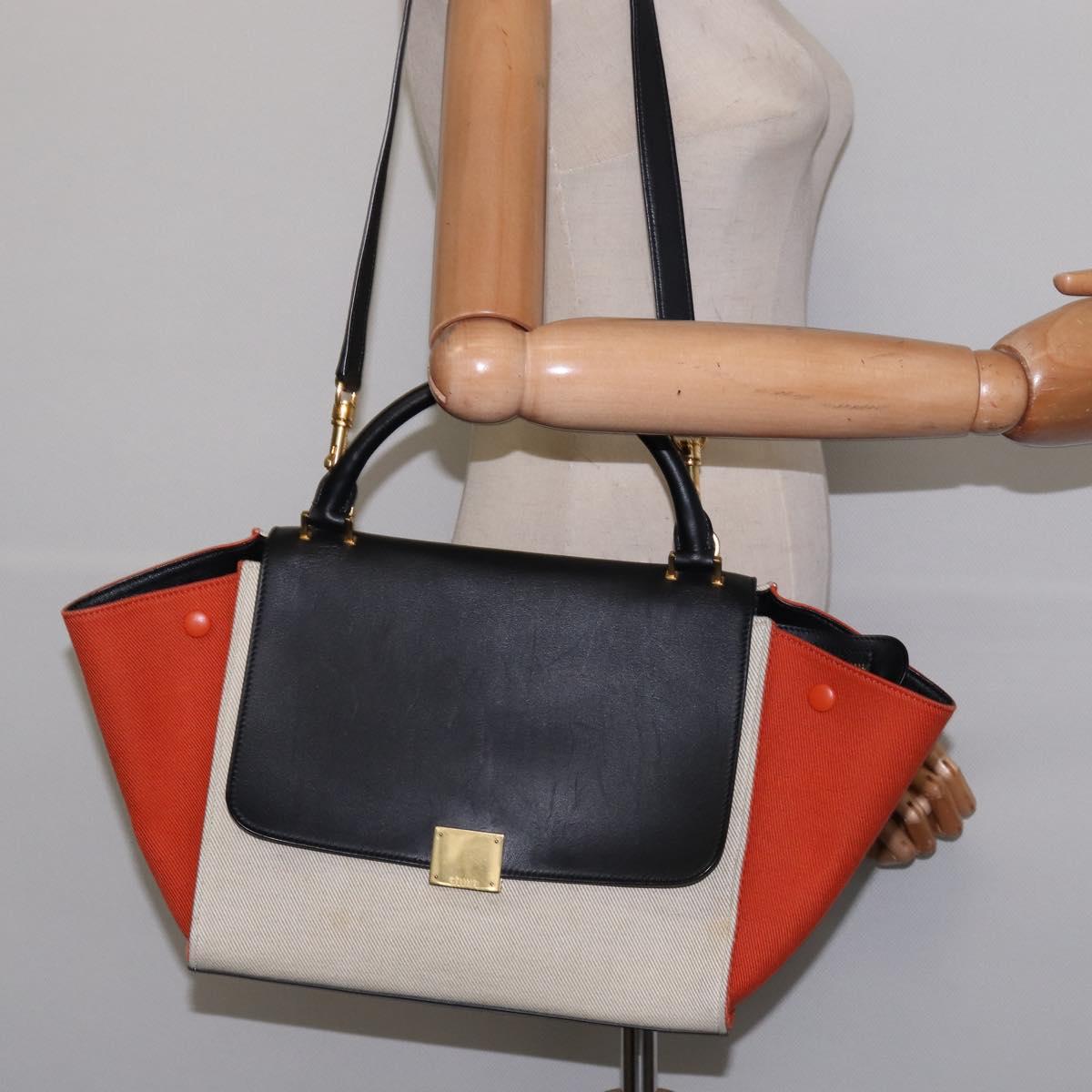 CELINE Trapeze Hand Bag Leather Canvas 2way Beige Black Orange Auth 142841
