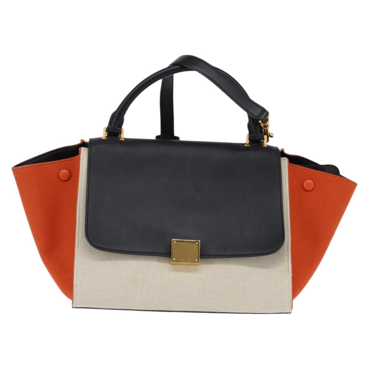 CELINE Trapeze Hand Bag Leather Canvas 2way Beige Black Orange Auth 142841