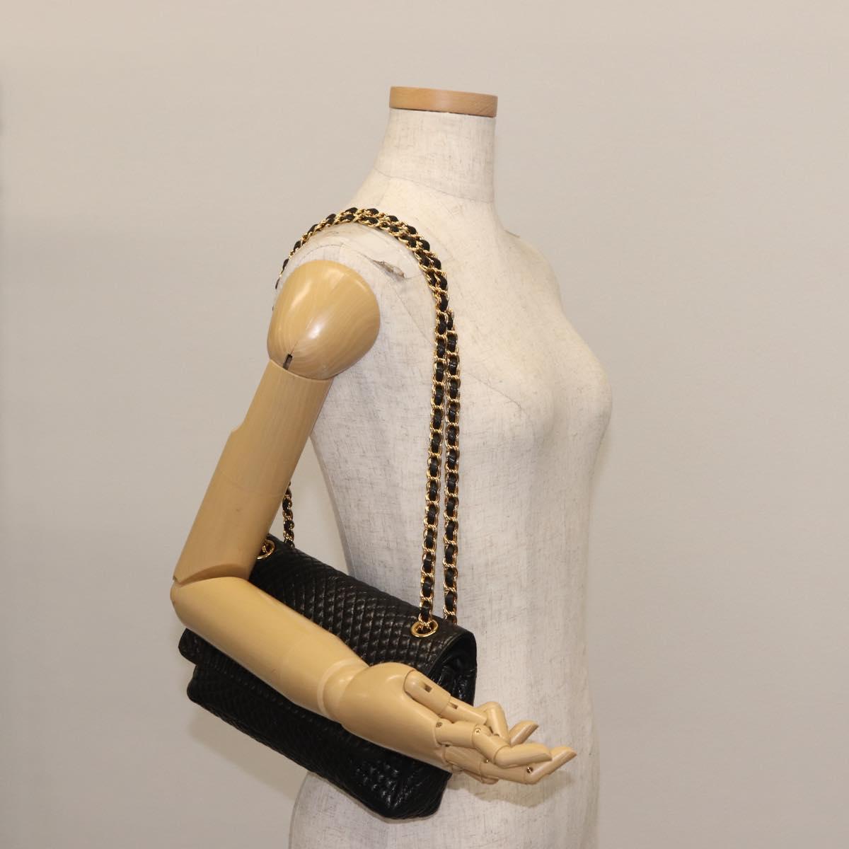 BALLY Double Flap Chain Shoulder Bag Leather Black Gold Auth 142846