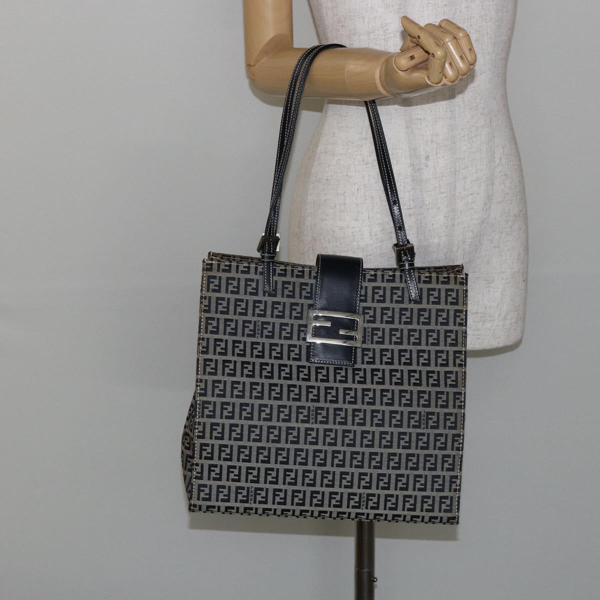 FENDI Zucchino Canvas Mamma Baguette Tote Bag Navy Silver Auth 142851