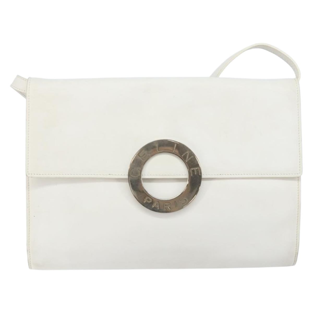CELINE Shoulder Bag Leather White Silver Auth 142865