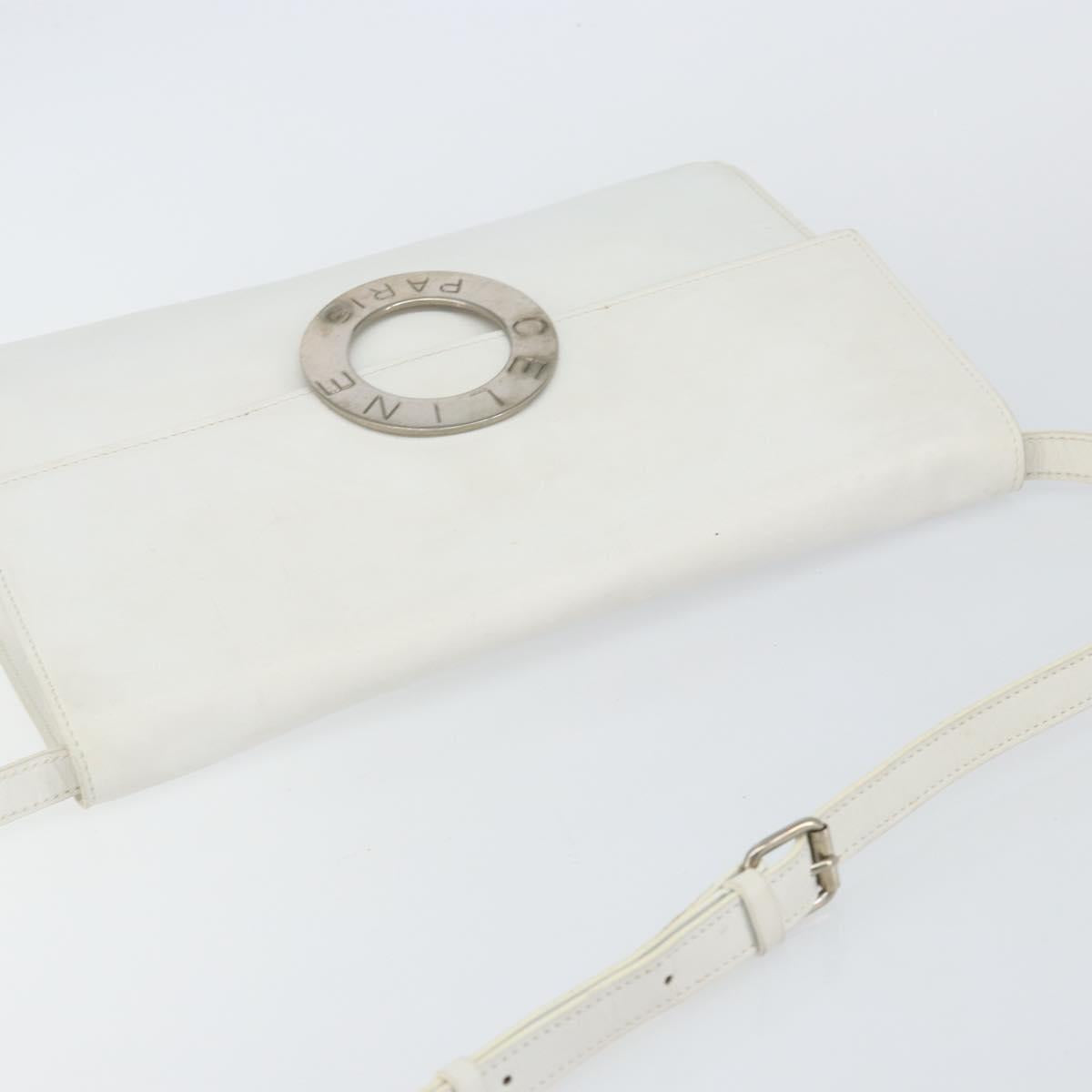 CELINE Shoulder Bag Leather White Silver Auth 142865