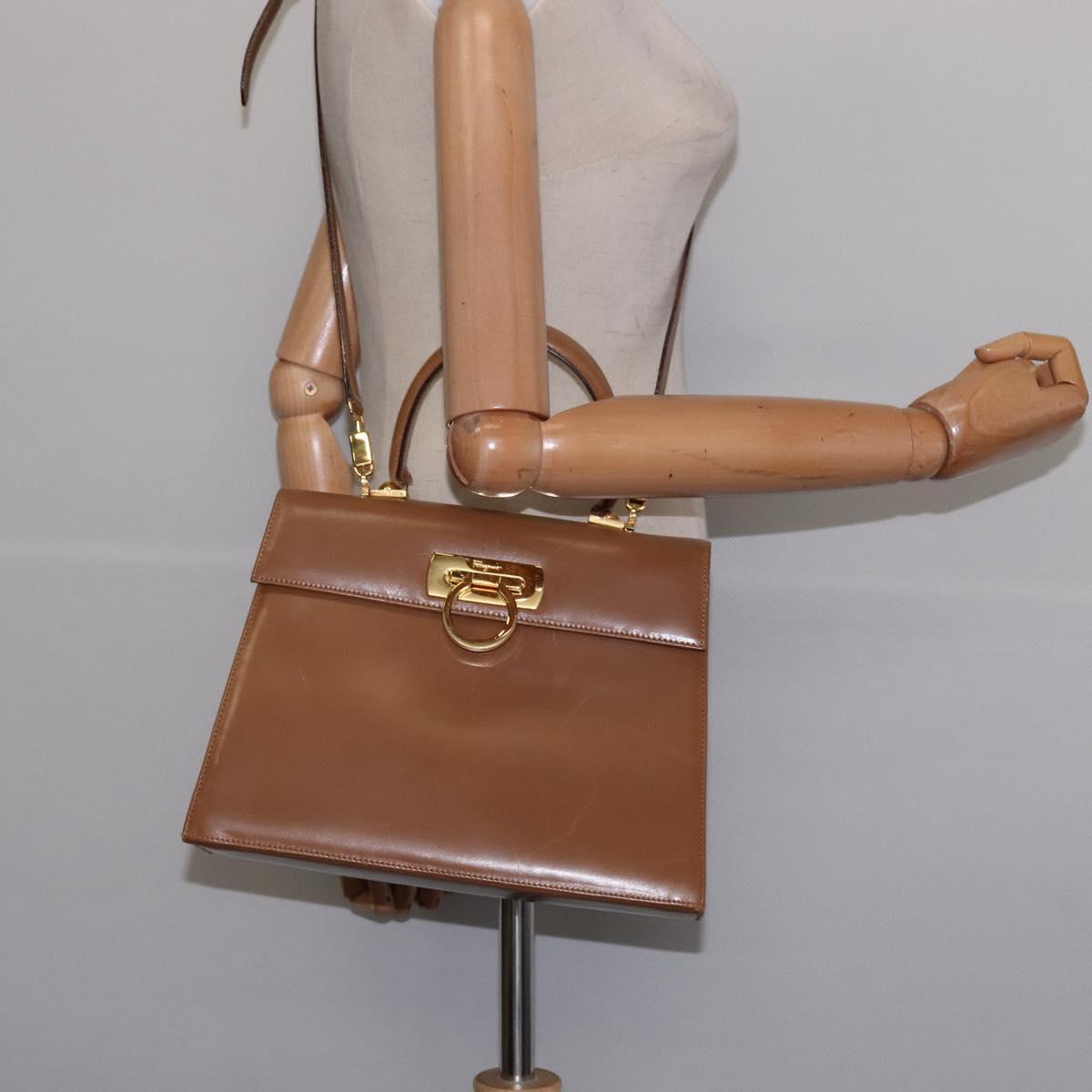 Salvatore Ferragamo Gancini Hand Bag Leather 2way Brown Gold Auth 142889