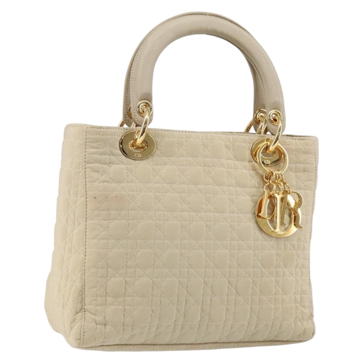 Christian Dior Canage Lady Dior Hand Bag Nylon Beige Gold Auth 142896